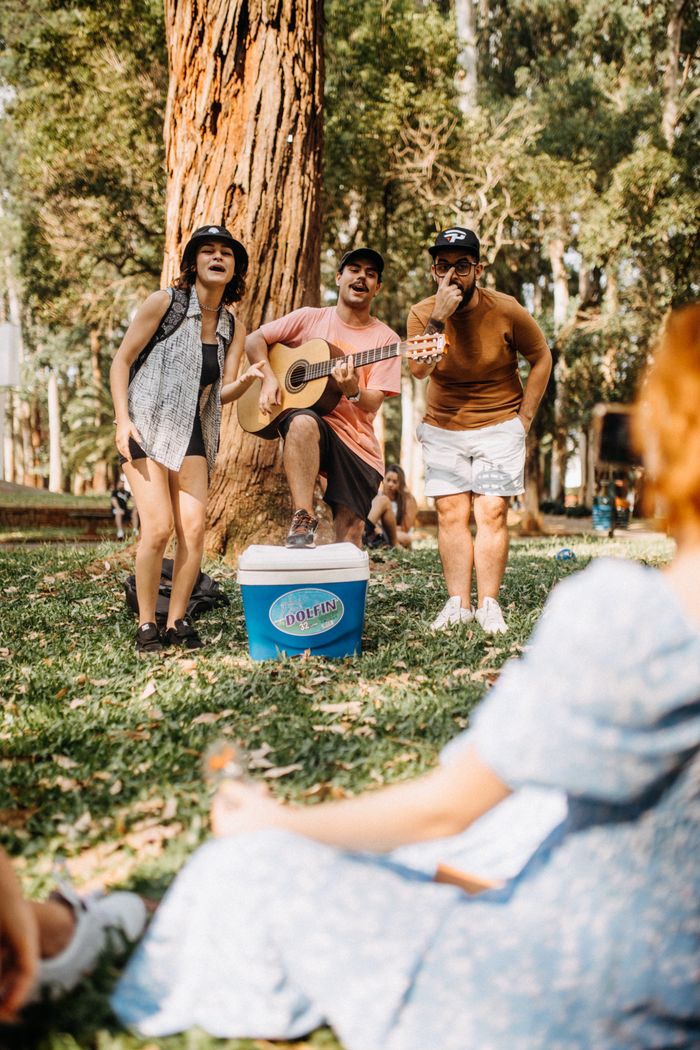 Home Friends playing guitar and singing in a park setting, enjoying a sunny day outdoors.